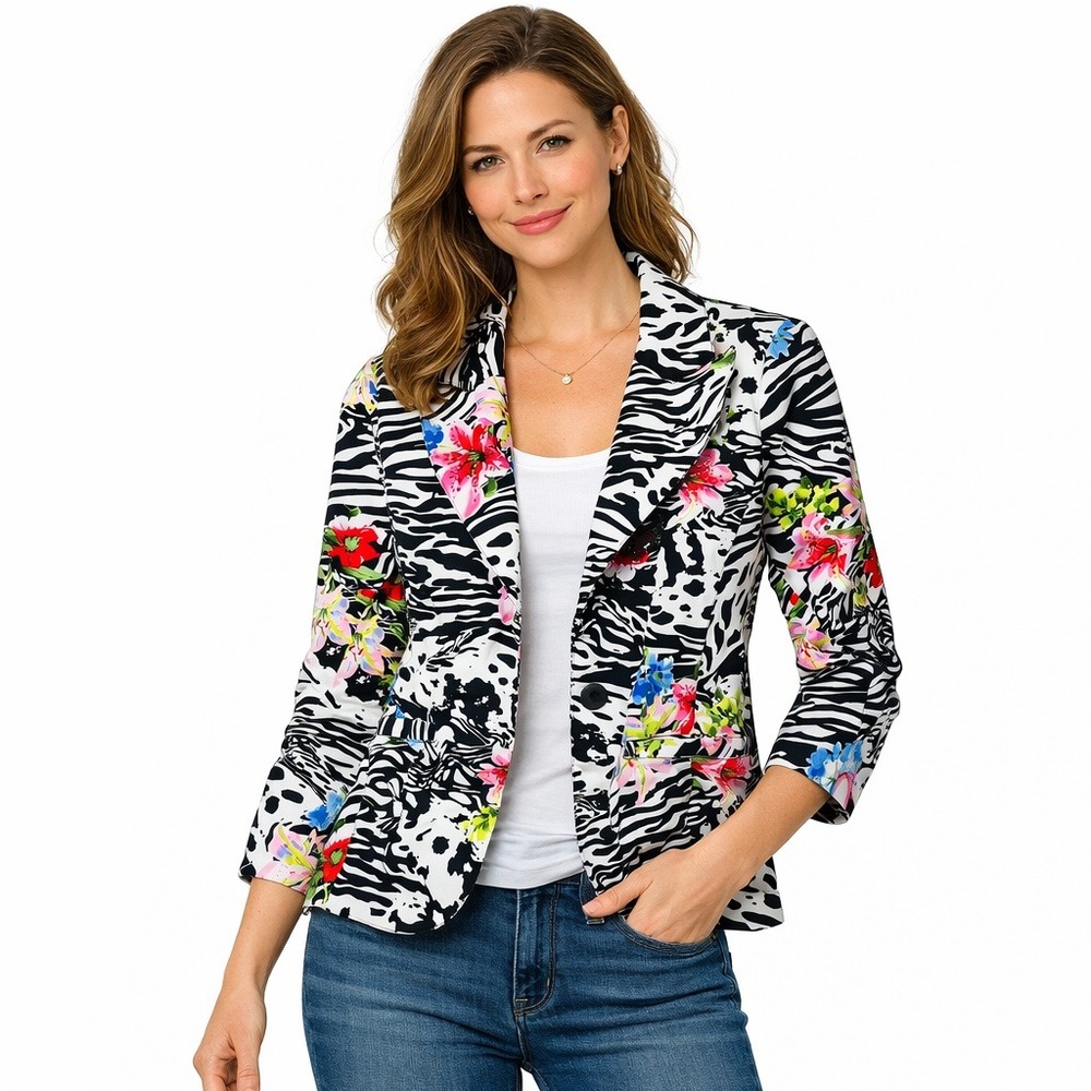 Passion Concept Blazer Women S Multi‎ Color Zebra Floral Rhinestone Embellished